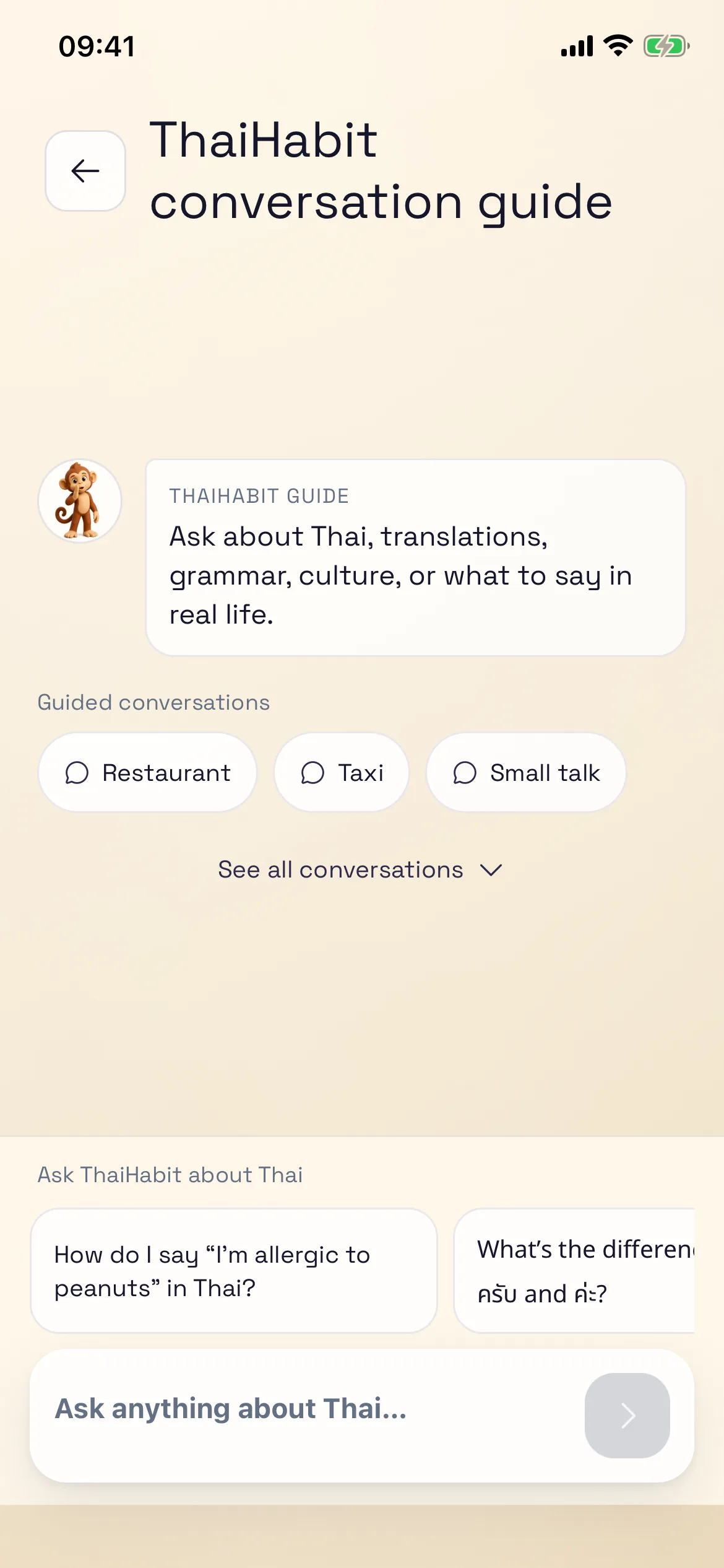 ThaiHabit AI conversation guide with restaurant, taxi, and small talk scenarios