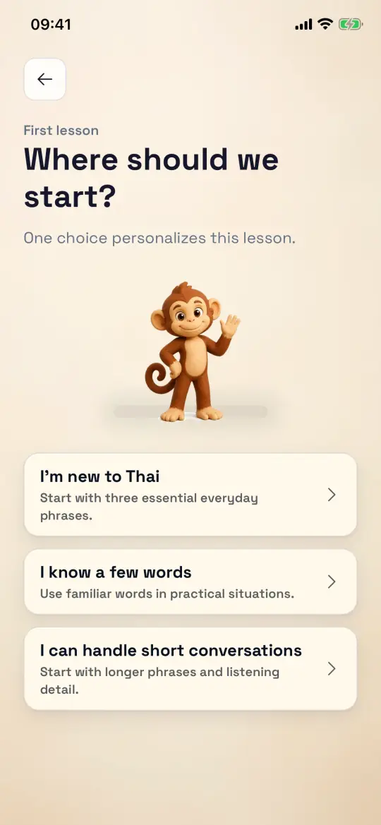 ThaiHabit first lesson screen with personalized starting choices
