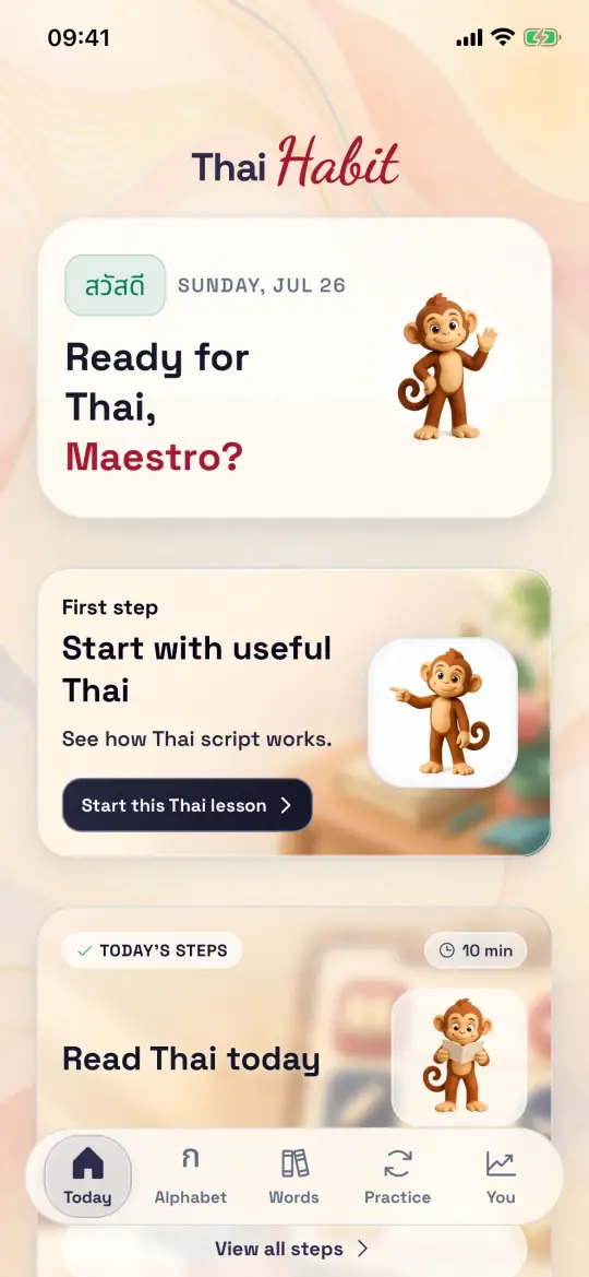 ThaiHabit Today screen with a useful Thai lesson and daily learning path