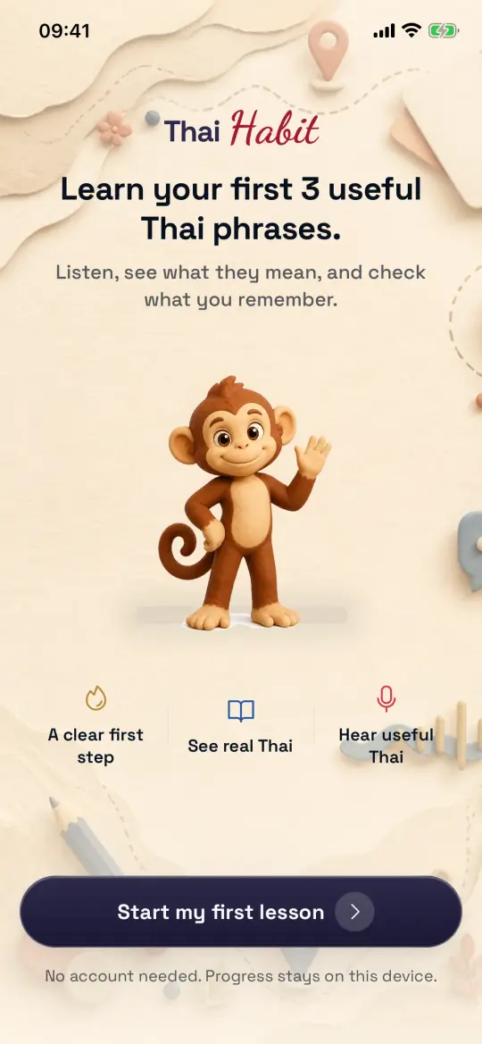ThaiHabit welcome screen inviting beginners to start a first Thai lesson