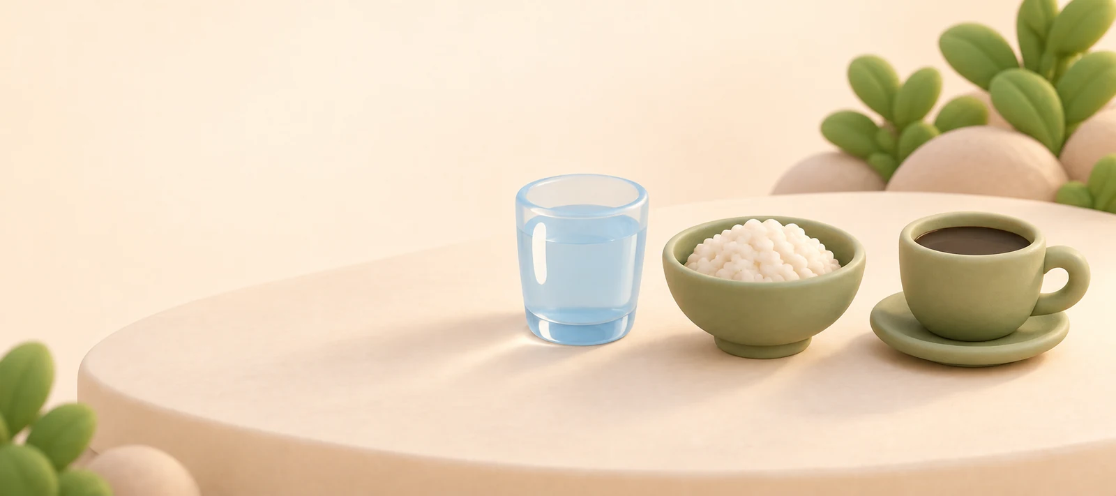 A Thai breakfast table with water, rice and coffee